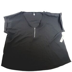 Justify Womens Plus‎ 2X Black Half Zip V-Neck Short Sleeve Blouse NWT 41221XFM